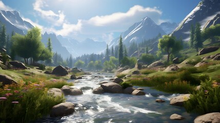 Beautiful panoramic landscape of a mountain river in the summer