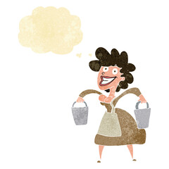 cartoon milkmaid carrying buckets with thought bubble