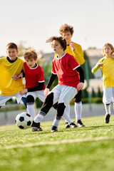 A group of energetic young children enthusiastically playing a game of soccer on a grassy field. They are kicking a colorful ball, running, laughing, and cheering each other on. © LIGHTFIELD STUDIOS