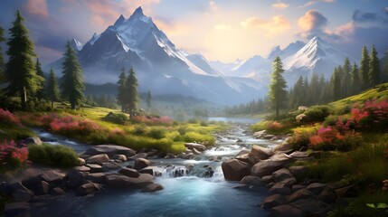 Beautiful panoramic view of the mountain river at sunset.