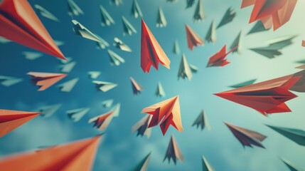 Red paper airplanes flying in the air, suitable for travel or freedom concepts - obrazy, fototapety, plakaty