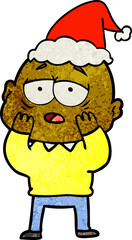 hand drawn textured cartoon of a tired bald man wearing santa hat