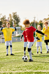 A group of energetic young children enthusiastically playing a game of soccer, kicking the ball around and trying to score goals on a sunny day at the park.