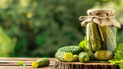 Seasonal homemade products. Canned cucumbers in a jar on a wooden table. Freshly picked cucumbers preserved in a glass jar, capturing the essence of summer on a rustic wooden table.