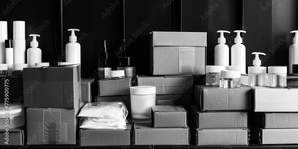 Poster a simple black and white image of various bottles. suitable for product presentations