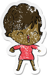 distressed sticker of a cartoon laughing woman