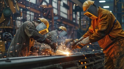 Group of men working in a factory, suitable for industrial concepts