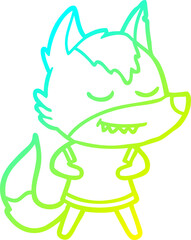 cold gradient line drawing of a friendly cartoon wolf girl