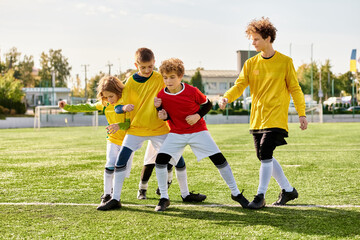 A group of energetic young boys, in their soccer jerseys, standing proudly at the peak of a soccer...