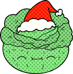 hand drawn comic book style illustration of a cabbage wearing santa hat