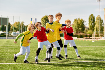 A lively group of children is playing a friendly game of soccer. Excited shouts fill the air as they chase after the ball, passing and shooting with enthusiasm. 