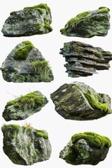 A bunch of rocks covered in green moss. Suitable for nature and outdoor themed designs