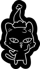 quirky cartoon icon of a cat wearing santa hat