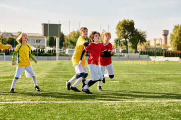 A vibrant scene unfolds as a group of energetic young children engage in a game of soccer on a grassy field. 