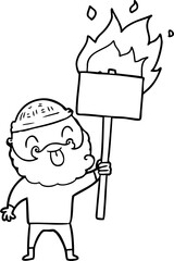 bearded protester cartoon with burning sign