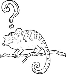 freehand drawn black and white cartoon curious chameleon