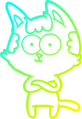 cold gradient line drawing of a happy cartoon cat with crossed arms