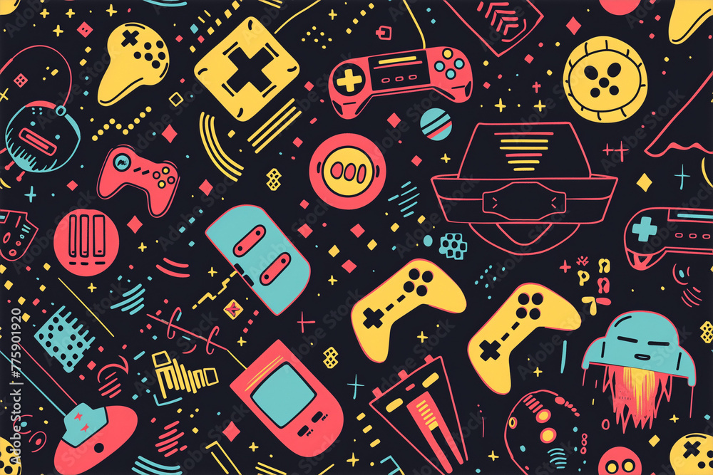 Wall mural retro gaming icons on a black background - Wall murals