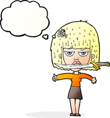 cartoon woman with knife between teeth with thought bubble
