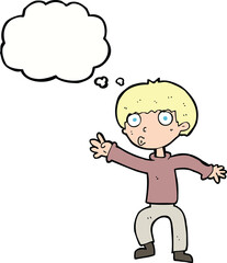cartoon boy waving warning with thought bubble