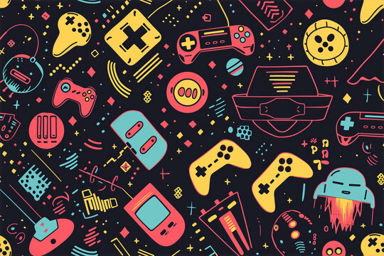 Retro gaming icons on a black background
