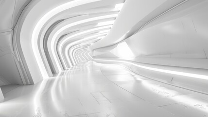 Futuristic white curved corridor design - This image features a perspective view of a modern, smoothly curved white corridor with reflective floors and striped lighting
