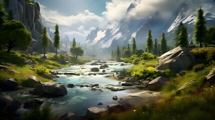 Panoramic view of the mountain river. Mountain river in the mountains.