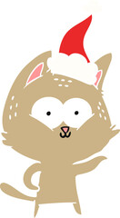 hand drawn flat color illustration of a cat wearing santa hat