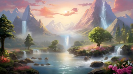 Digital painting of a beautiful landscape with a waterfall in the foreground.