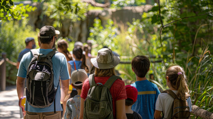 A group of visitors of various ages on a zoo pathway, engaged in wildlife observation and education