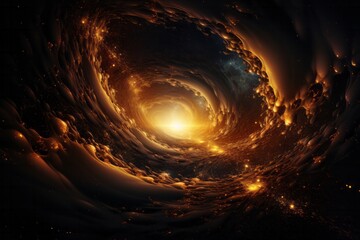 A dazzling spiral of light emanates from the darkness, creating a mesmerizing contrast. The light appears to be twisting and expanding, captivating the eye with its brilliance - obrazy, fototapety, plakaty