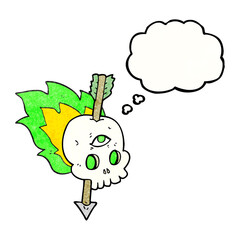 freehand drawn thought bubble textured cartoon magic skull with arrow through brain