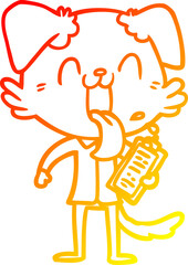 warm gradient line drawing of a cartoon panting dog with clipboard