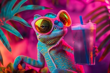 chameleon with sunglasses sipping a cocktail in a tropical paradise