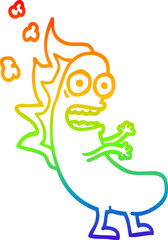 rainbow gradient line drawing of a cartoon flaming hotdog