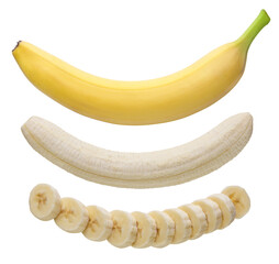 Set of banana, peeled and cut into pieces close-up on white background. Isolated - 775902776