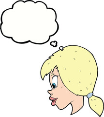 cartoon pretty female face with thought bubble