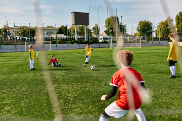 A group of young children are playing an energetic game of soccer on a grassy field. They are running, passing, and kicking the ball with excitement and teamwork. 