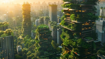 A cityscape with tall buildings and green trees. The buildings are covered in vegetation and the sky is orange - obrazy, fototapety, plakaty