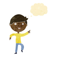 cartoon happy pointing with thought bubble
