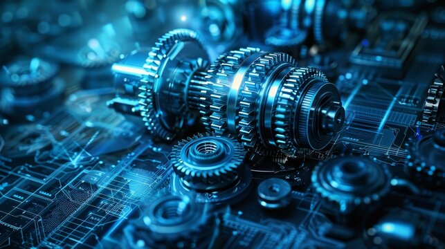 A blue image of gears and other mechanical parts. The image is of a machine or a piece of technology