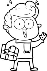 cartoon excited man with present