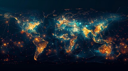 A colorful, glowing map of the world with many lights. The map is filled with a variety of colors and patterns, creating a sense of movement and energy. The lights seem to be pulsing and flickering - obrazy, fototapety, plakaty