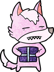 cartoon wolf with a gift