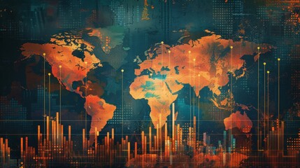 A colorful world map with orange lines and dots. The map is filled with various lines and dots, creating a sense of movement and energy. The colors and patterns suggest a dynamic