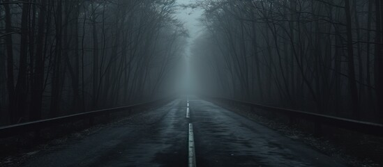 Road in dark foggy forest. Loneliness and sadness concept - obrazy, fototapety, plakaty