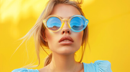 Fototapeta premium A woman with blonde hair and blue sunglasses in front of a yellow background. american women, wearing high end fashion sunglasses with clear frames and blue tint lenses.