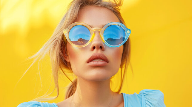 A woman with blonde hair and blue sunglasses in front of a yellow background. american women, wearing high end fashion sunglasses with clear frames and blue tint lenses.