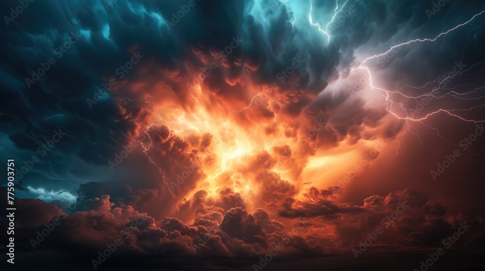 Poster a dramatic image of a cloud filled with orange and blue lightning. perfect for illustrating a powerf
