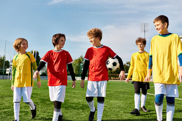 A group of vibrant young boys stands proudly atop a soccer field, exuding teamwork and triumph...